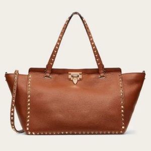 Valentino Rockstud Medium Shoulder Tote Bag Brown Cognac